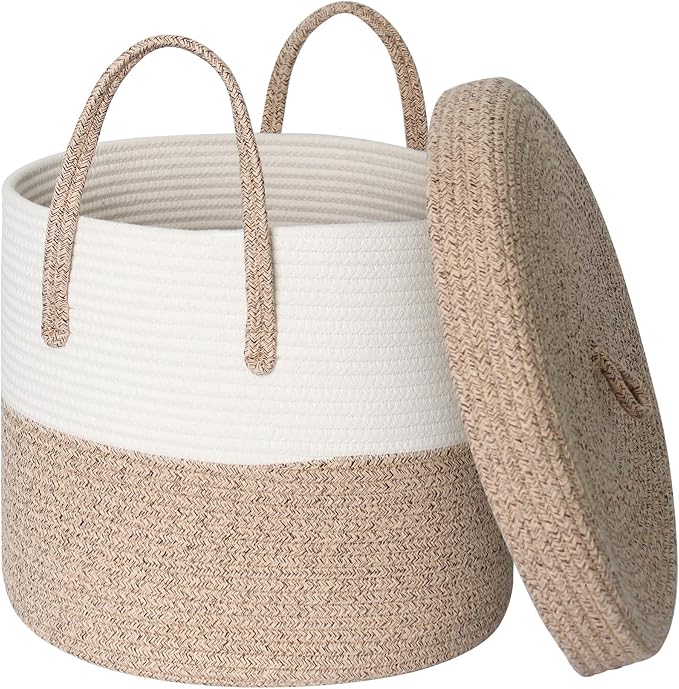 15”x13” Large Storage Basket with Lid, Blanket Basket Living Room, Woven Cotton Rope Baskets for Storage, Kids Toy Storage Bin, Tall Wicker Laundry Basket, Blankets Pillows Organizer Holder by HONCESTA