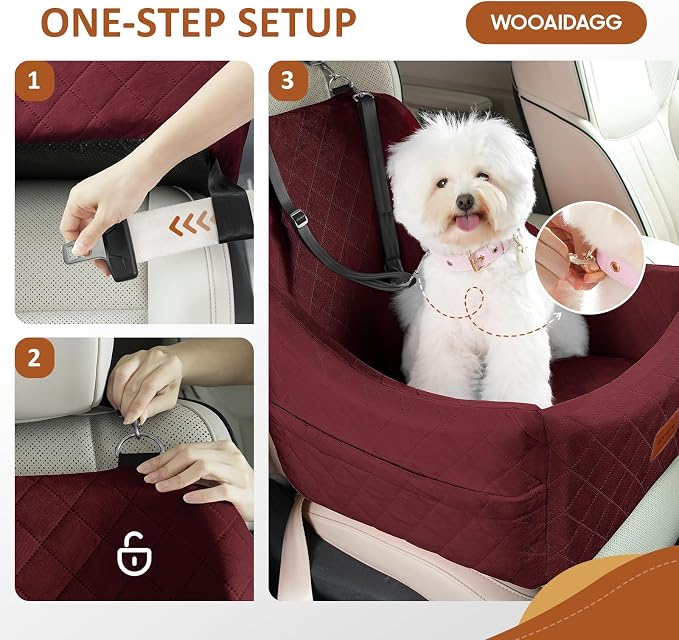 WOOAIDAGG Dog Car Seat for Medium Sized Dogs Up to 40lbs,Comfy Pet Travel Car Bed with Seat Belt Channle,Fully Detachable and Washable,Adjustable Straps,2 Side Pockets,Easy to Install (Red) - Image 5