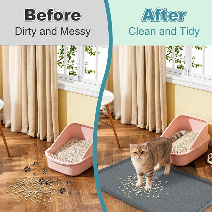 Cat Litter Mat Litter Trapping Mat, Silicone Cat Litter Box Mats for Floor, Non-Slip Litterbox Mat with Raised Edge, Easy Clean Pet Feeding Mat for Indoor Cats 34" X 22" Gray - Image 7