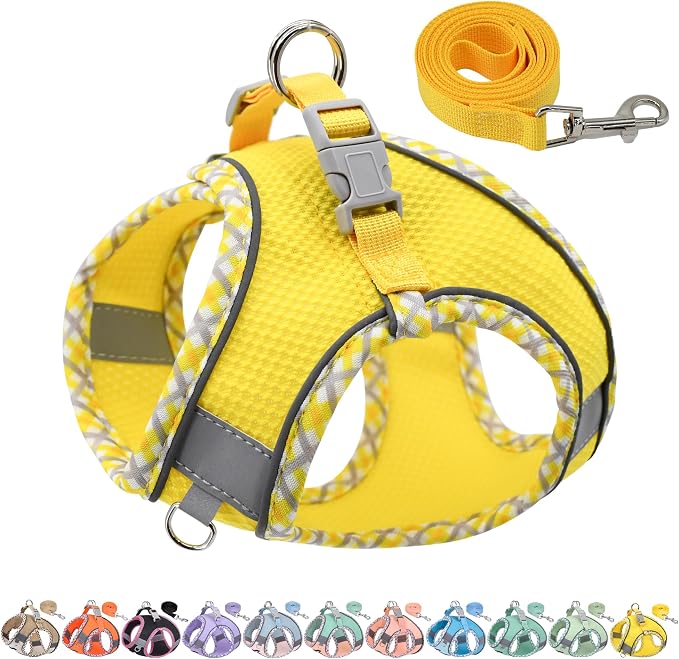 Teacup Puppy Harness with Leash, Escape-Proof Design, Yellow S | No Pull Step-in Dog Vest Harness, Breathable Mesh, Reflective Design with Magic Tape, Outdoor Use for Poodles, Pomeranians by AIITLE-FORPETSBETTERLIFE