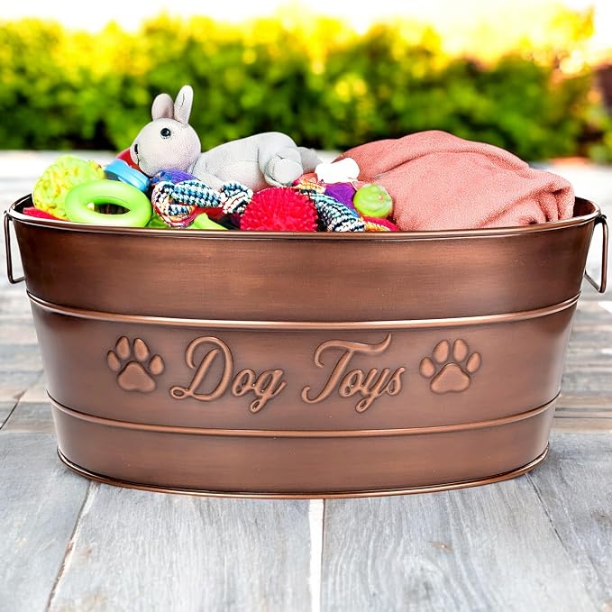 BREKX Copper Metal Dog Toy Storage Bin, Indestructible, Large | Toy, Blanket & Leash Organization • Carrying Handles - Image 2