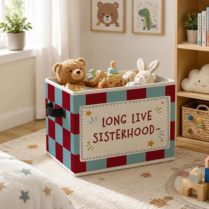 Girls Room Storage Bins Box, Sister Friendship Collapsible Organizer Basket | sweet sister themed storage box basket for books clothes, retro checkerboard organizer for nursery bedroom playroom, 10x14 in - Image 5