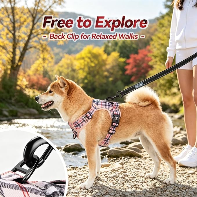 PoyPet Plaid Dog Harness Large, No Pull Vest with Front Clip & Neck Buckle | Padded Handle, Reflective, No Choke, Lockable, 2 Leash Rings, Full Adjustable, for Training Walking, XL, Checkered Beige - Image 4