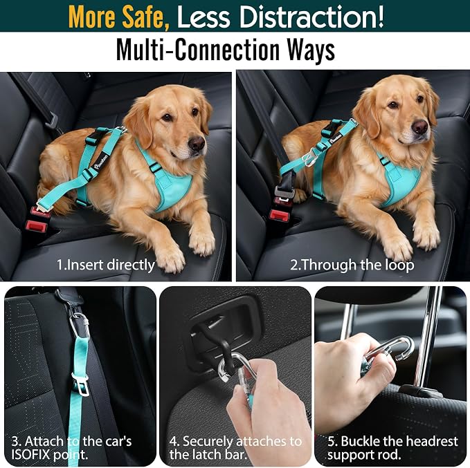 Pawaboo Dog Car Harness, Adjustable Dog Safety Vest Harness with Seat Belt | Breathable Pet Vest & Dogs Safety Tether with Elastic Bungee for Small Medium Large Pet, XL, Blue - Image 2