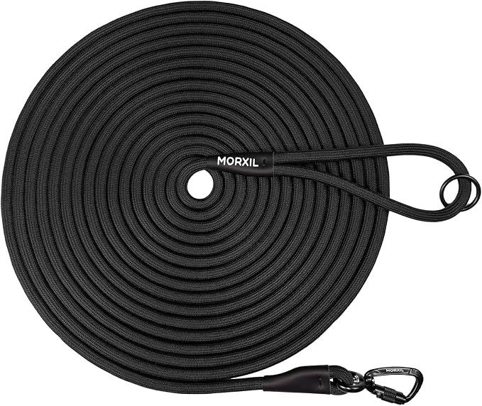 Long Dog Leash, 10ft 30ft 50 feet Heavy Duty Dog Training Leash, Aviation Aluminum Auto Locking Carabiner, Nylon Rope Long Line Check Cord Recall Lead for Yard,Playing,Camping,Black,50FT by MORXIL