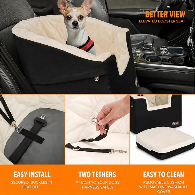 K&H Dog Car Seat, Bucket Booster for Cats & Dogs, Small, Black/Cream | Better views on rides, dog car seats for small dogs with bolster, 2 tethers, washable cover, for 2 small dogs or 1 medium dog - Image 2