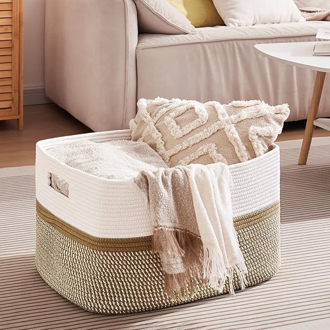 OIAHOMY Blanket Basket Laundry Basket Dog Toy Basket 75L Yellow/White | Large Storage Basket,Baby Basket,Toy Storage,Woven Rope Basket for Blankets,Blanket Storage for Living Room - Image 4