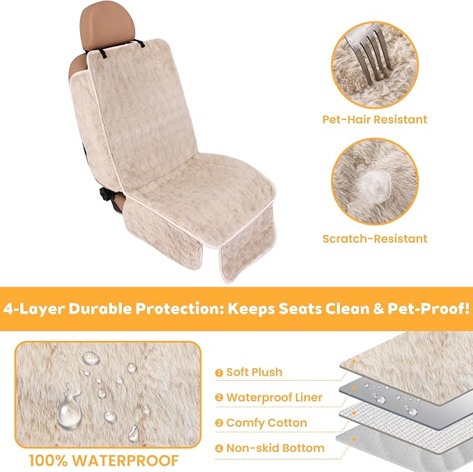 Dog Car Seat Cover, Waterproof Plush Pet Seat Protector, Beige, Front Seat | Faux rabbit fur, waterproof layer, non-slip silicone backing, side flaps, machine washable, fits most cars and SUVs - Image 3