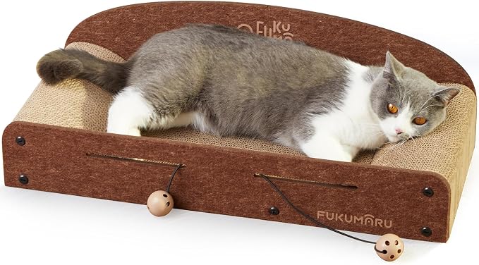 FUKUMARU Large Cat Scratcher Bed, 26 Inch Cat Scratching Bed Sofa Indoor | Cardboard Cat Scratcher with 2 Reversible Scratch Pad Refills, Durable Large Cat Scratching Lounger with Ball Toy, Caramel by FUKUMARU
