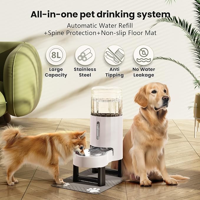 CZPET Elevated Dog Water Bowl Dispenser (8L+Stand+Mat, White) | With Stainless Steel Bowl Gravity Waterer, Large Capacity and Drinking Area Noise-Free for Pets - Image 4