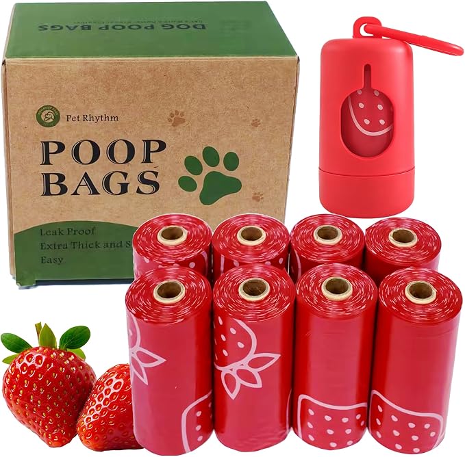 Strawberry Scented Dog Poop Bags - 8 Rolls 120 counts Leak Proof | Extra Large 13x9 Inch Red Dog poop bags rolls with Dispensers, Fragrance Bags for Dogs Walking and Cat Litter by Petrhythm