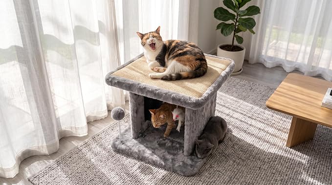 Large Cat Bed with Scratching Post and Combing Board, Sturdy and Durable, Ideal for Small Breeds | Large plush cat tunnel with a removable sisal scratch pad, grooming brush, hanging toys, and spacious hideaway for cats. - Image 2