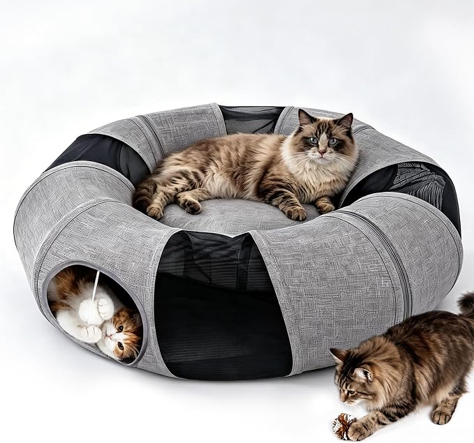 Ownpets Collapsible Cat Tunnel Toy - 2-in-1 Interactive Play Tunnel for Cat up to 18 lbs, Tear-Resistant Mesh, Fold to 2 Inches Thick, Portable Cat Exercise & Entertainment Tunnel, 12" Diameter, Grey by Ownpets