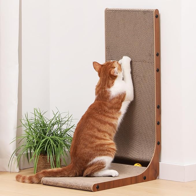 FUKUMARU Cat Scratcher for Indoor Cats, 26.8 Inch Cat Scratch Pad L Shaped | Cardboard Cat Scratcher, Vertical Cat Scratching Board with Ball Toy, Walnut Color, 1 Pack - Image 9