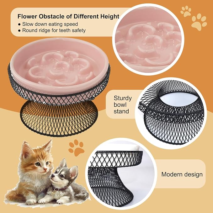 Raised Ceramic Cat Slow Feeder Bowl Elevated Food Bowl with Stand, Cat Slow Bowl for Wet Food and Dry Food, Whisker Friendly Pet Feeder for Kitty and Small Dog - Image 3