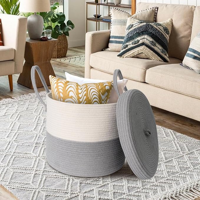 Storage Basket with Lid, Blanket Basket Living Room, Large Woven Cotton Rope Baskets for Storage, Kids Toy Storage Bin, Wicker Laundry Basket, Blankets Pillows Organizer Holder,15"x13", Gray - Image 3