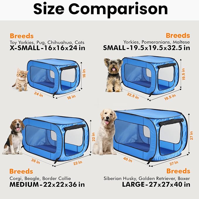 Portable Collapsible Pop Up Kennel, 36" L x 22" W x 22" H, Blue | Collapsible indoor/outdoor travel cat and dog crate with mesh screen windows pops up and folds flat for easy storage - Image 3