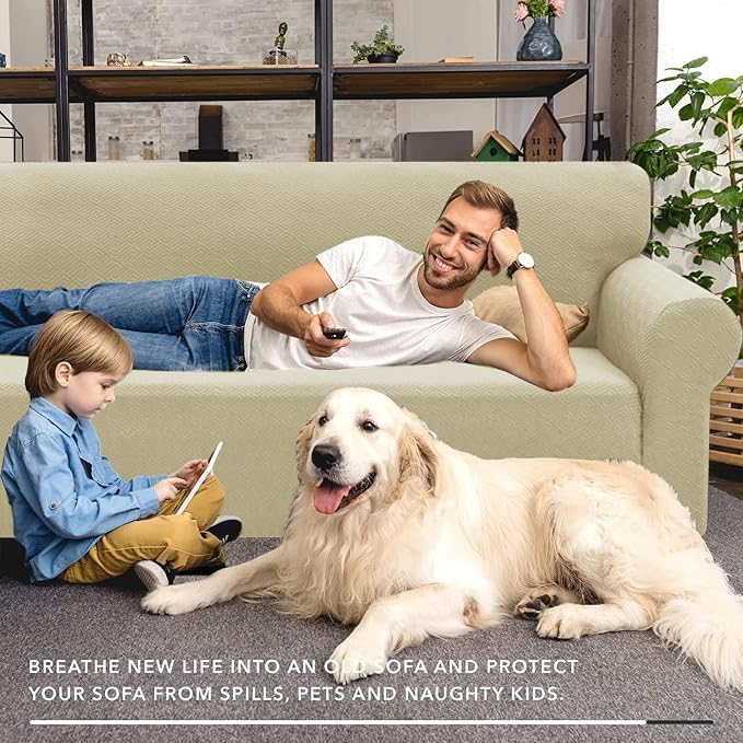 XINEAGE Stretch Jacquard XL Sofa Cover, Non Slip Sofa Slipcover for Dog | High-Stretch Fabric. Wear-Resistant, Pet Friendly. Easy Install & Washable for Living Rooms, Offices.Light Beige - Image 4