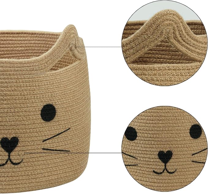 Large Woven Rope Cat Toy Basket with Cat Face Design, Jute | 15.7" x 11.8" Toy Bin & Box for Living Room Nursery, Baby Storage Basket for Towels, Blankets, with Sturdy Handles - Image 3