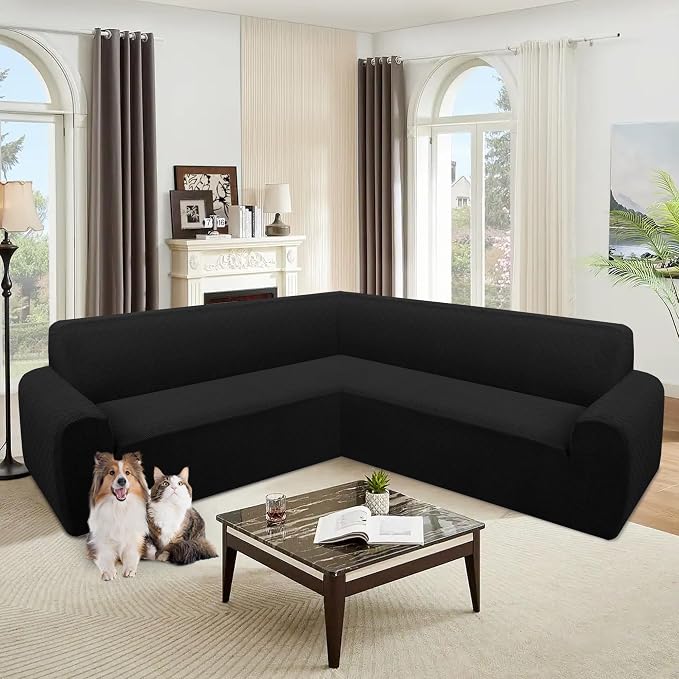 ALIECOM Corner Sectional Couch Covers Washable Sofa Cover L Shaped Couch Cover for Dogs Pets Stretch Soft Sectional Slipcovers with Non Slip Strips U Shape Furniture Protector (Dark Black, Large) - Image 2