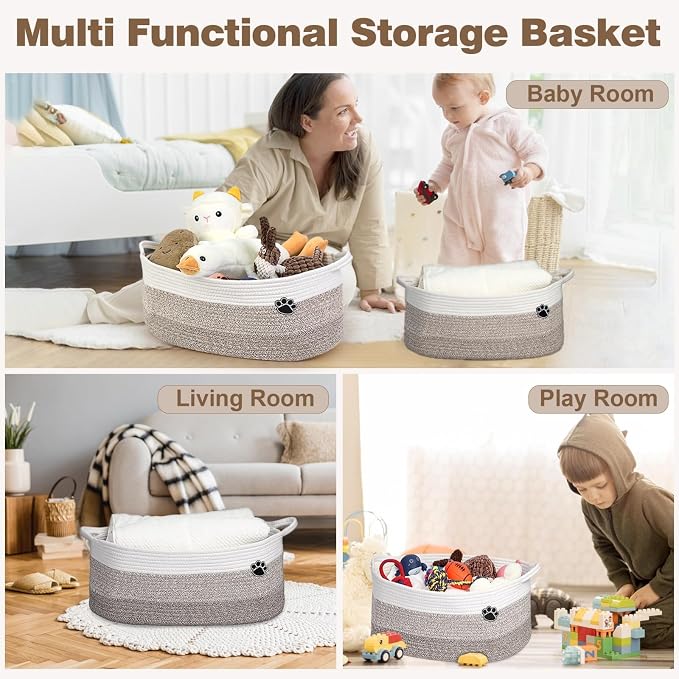 Optish 25L Medium Dog Toy Basket, Woven Rope Storage Basket, White-Brown | 16.5" x 11" x 9" Toy Storage Box and Bin with Handles for Living Room, Bedroom Organization, Foldable, Durable, Home Decor - Image 5