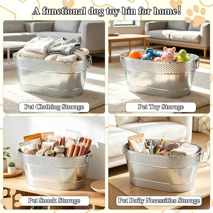 Indestructible Metal Dog Toy Storage Bin, Silver Pet Toy Storage Basket for Living Room Area, Sturdy Chew Proof Puppy Toy Box with Handle, Large Capacity 25 Quart - Image 5