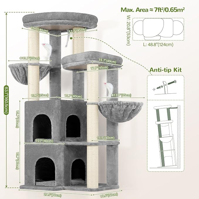 Globlazer Cat Tree Tower for Indoor Cats, Sturdy Adult Cat Tree House for Large Adult Cats with 2 Platform, 6 Cat Scratching Post, 2 Cat Caves, Dangling Toys, S63, 63 inch, Light Grey - Image 6