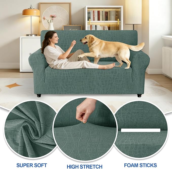 MAXIJIN Waterproof Loveseat Cover Couch Covers, 1 Piece Stretch Love Seat Sofa Slipcovers with Non-Slip Elastic Bottom, Washable Furniture Protector for Dogs Pets (Medium, Pea Green) - Image 2