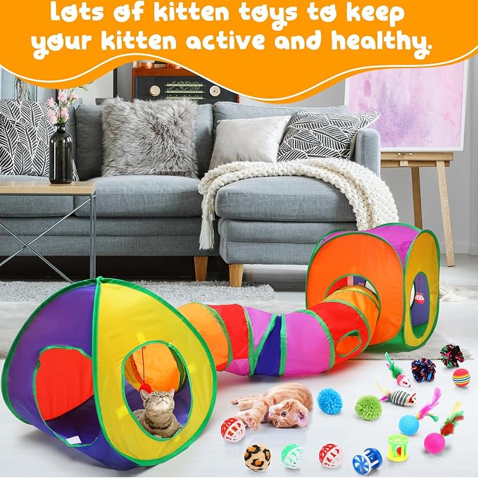 21 Pcs Cat Tunnels for Indoor Set, 3 In1 Collapsible Cat Tunnel Toy with Cube Tent Toys Combo and 20 Pcs Interactive Kitty Toys Feather Toy Fluffy Mouse Crinkle Balls for Kitten Puppy - Image 4