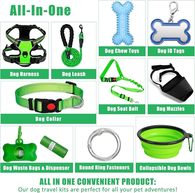No Pull Dog Harness Adjustable Collar & Leash Set - Dog Halter Harnesses Collapsible Bowls & Poop Bag Dispenser Muzzle ID Tags Toys Fits Small Medium Large Dogs (Green-S) - Image 2