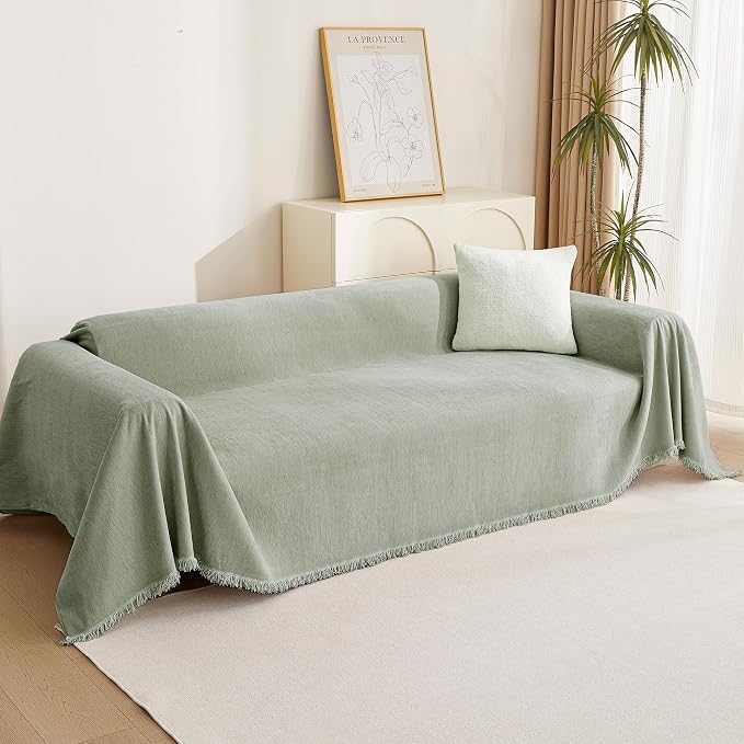 MYSKY HOME Sectional Couch Cover Blanket Living Room Furniture Protector for Pets, Farmhouse Home Decor Sofa Covers Tassel Chenielle Sofa Slipcover Soft Throw Couch for Dogs,71" X 118", Sage Green - Image 8