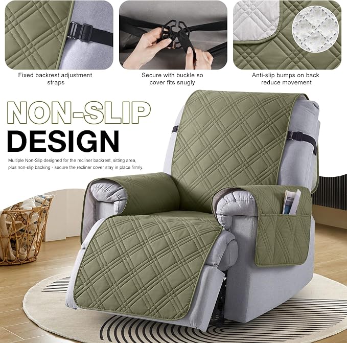 TAOCOCO 100% Waterproof Recliner Chair Cover, Non Slip Recliner Covers for Recliner Chair with Pocket, Washable Reclining Chair Cover Furniture Protector for Kids,Dogs(23.6'', Green) - Image 6
