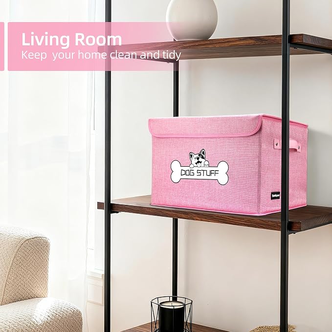 Dog Toy Basket with Lid, Collapsible Box for Pet Accessories | Storage Bin for Living Room, Fabric Container with Handle, Organizer for Small Medium dogs, Pink - Image 3
