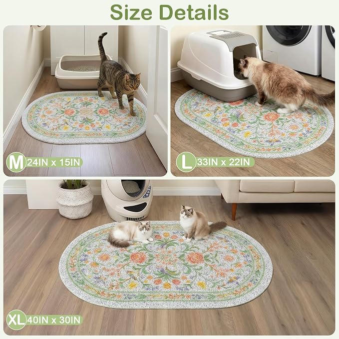 Bienbee Cat Litter Mat, 33" x 22" Large Size Litter Box Mat Rug with Non-Slip Bottom,Urine and Water Proof, Easy to Clean Cat Supplies Essentials for Indoor Kitty Kitten Floor,Pastel Floral L - Image 7