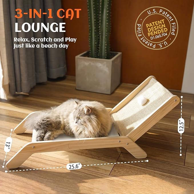 PETKARAY Beach Chair Cat Hammock, Elevated Cat Beds for Indoor Cats, Original Cozy Lounger with Sisal Scratcher and Toy Ball - Image 3