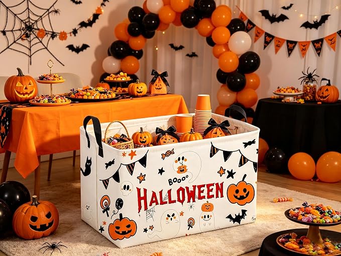 Sanjiaofeng Rectangular Halloween Ghost Storage Basket,Halloween Basket.Cute Baskets for Room Decor, Pumpkin Baskets with Handles.Books Bins,Gifts Box(White Ghost) - Image 6