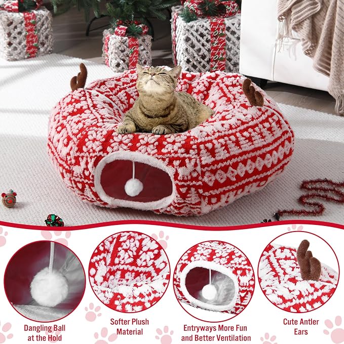 Dansydaisy Cat Tunnel Christmas Tree Skirt, Snowflake Deer Cat Tunnel Bed with Toys, Hanging Ball Plush Washable Cushion and Dangling Balls 3FT Peekaboo Playground for Small Medium Rabbit Xmas Decor - Image 6