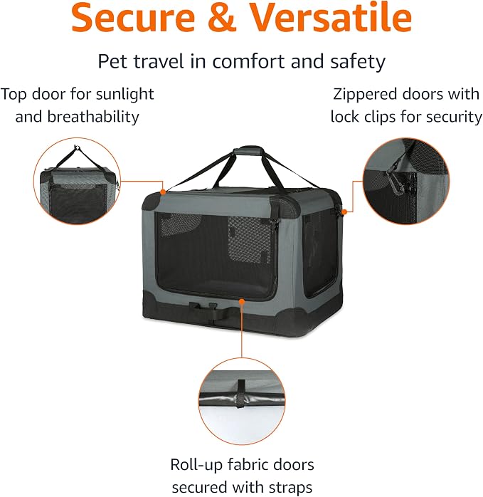 Amazon Basics 4-Door Portable Folding Soft Dog Crate, Collapsible Travel Kennel for Cat, Dog, and Small Animals, Pop Up with Fleece Mat, Water-Resistant Base, Grey, 36" x 24" x 24" - Image 2