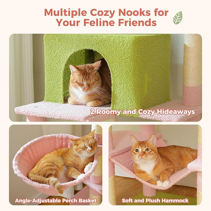 Flower Cat Tree Tall 70.8" for Adult Indoor Cats, 8-Levels Large Cat Tower with 8 Sisal Posts, 2 Hammocks, 2 Condos, Big Perch & 3 Pom Poms for Multi-Cats Household – Carpet Pink - Image 4