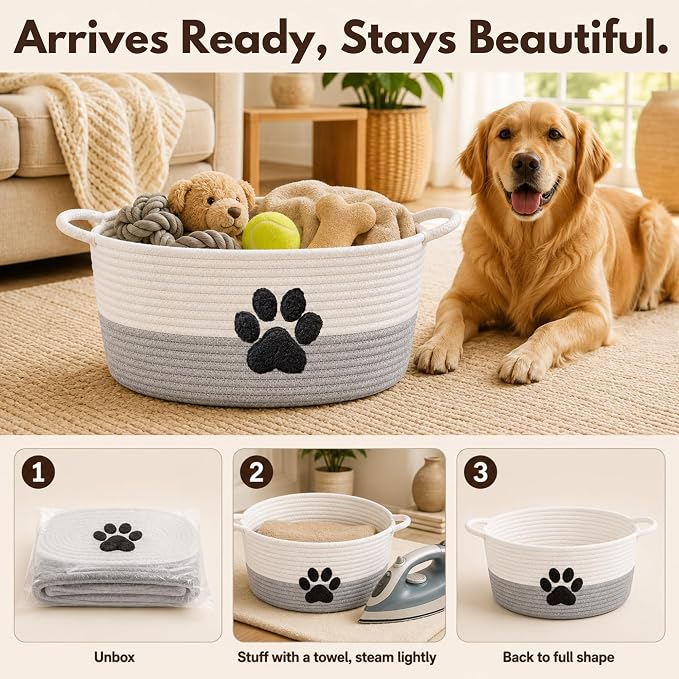 Dog Toy Basket with Handles, Grey Cotton Rope Storage Bin Organizer | Neutral grey dog toy organizer that blends any decor. Holds toys, blankets & leashes. Spot wash, collapsible rope bin. - Image 7