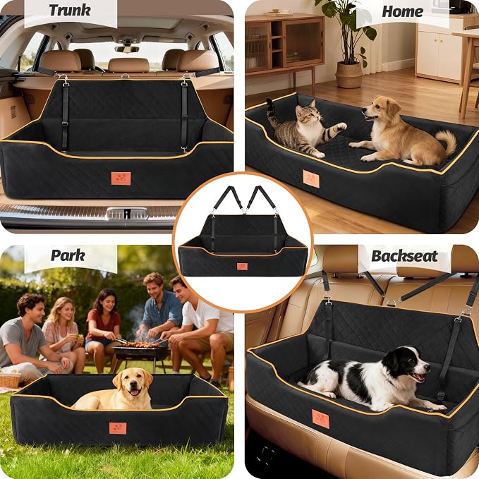 XIEEAOZEE Large Dog Car Seat for Dods Under 100 lbs, Memory Foam Dog Car Bed for Backseat & Trunk, Detachable and Washable Cover, Pet Travel Seat with Storage Pockets, 2 Safety Belts - Image 7