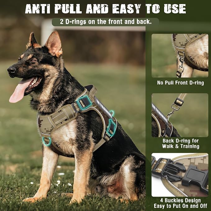 Tactical Dog Harness and Leash Set with 10 Patches for Large Dogs | Heavy Duty Adjustable No Pull Service Dog Vest with Dog Seat Belt,Reflective Easy Walk for Training Walking Hiking Camo XL - Image 2