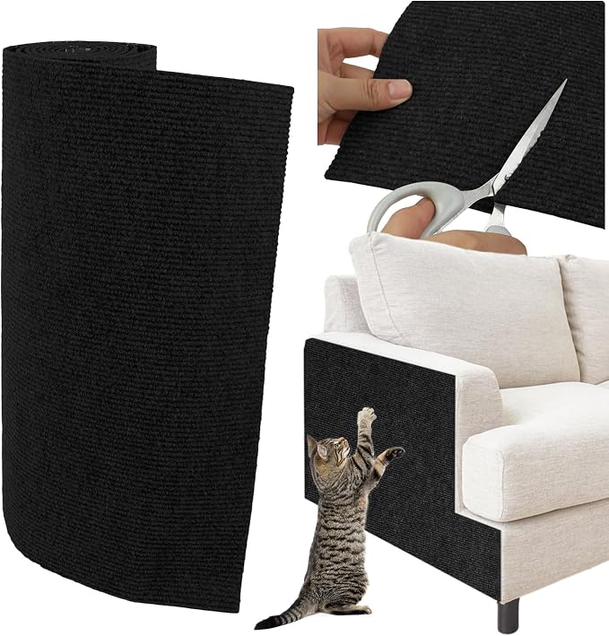 Trimmable Cat Scratcher Mat, Self-Adhesive Cat Scratching Carpet Pad Replacement for Cat Tree Shelves, Cat Steps and Posts, DIY Cat Scratch Couch Furniture Protector (Black, 39.4"x15.8") by YITMOYM