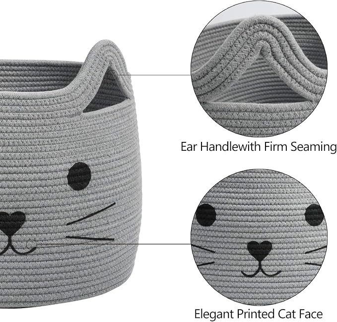 Large Woven Rope Cat Toy Basket with Cat Face Design, Grey | 15.7" x 11.8" Toy Bin & Box for Living Room Nursery, Baby Storage Basket for Towels, Blankets, with Sturdy Handles - Image 5