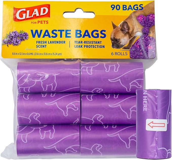 Glad for Pets Scented Dog Waste Bags, Lavender Scent, Purple, 90 Count | Tear-resistant with leak protection, fresh lavender scent, fun purple design, 6 rolls, heavy-duty daily use by GladTrashFoodStorage