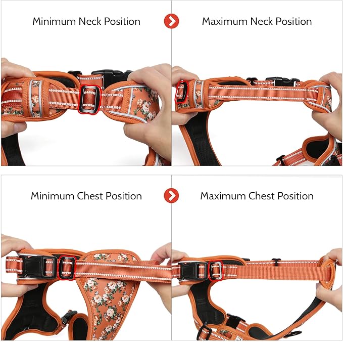 Timos Dog Harness, No Pull Large Sized with 3 Buckles, Flower Orange, XL | Reflective, No Choke, Easy On & Off, Adjustable Soft Padded, Front & Back 2 Clips and Control Handle for Walking Training - Image 7