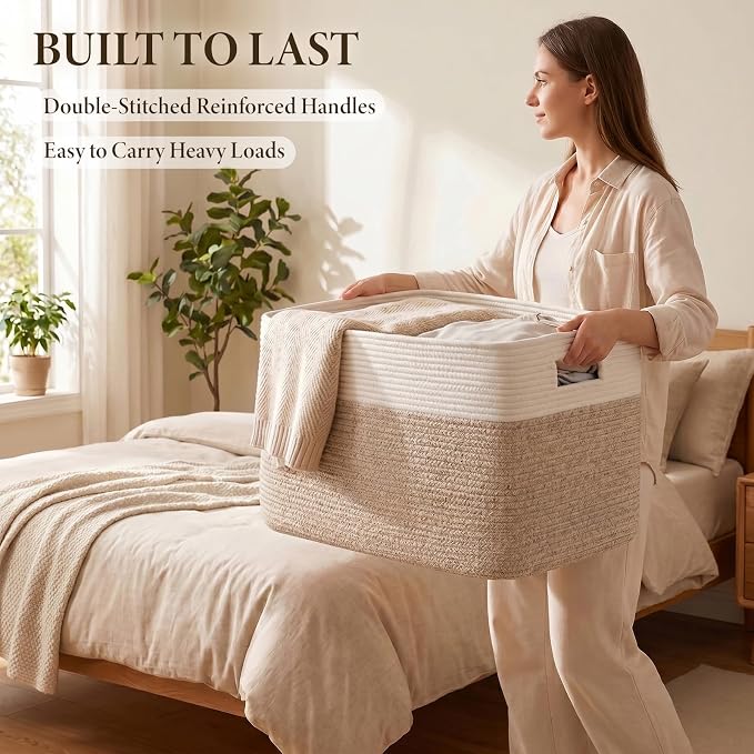 96L XL Large Cotton Rope Basket, Soft Toy Storage Bin for Nursery & Living Room, Decorative Blanket Basket for Bedroom, Baby-Safe Organizer for Pillows &Laundry, 24''×16''×15'', Brown & White - Image 4