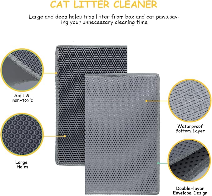 Cat Litter Mat, Litter Box Mat, Large Double Layer Waterproof Proof Trapping mat, Non-Slip Design, Kitty Litter Rug, Cat Supplies, Easy to Clean, 24x15 Inch, Grey, Pack of 1 - Image 3