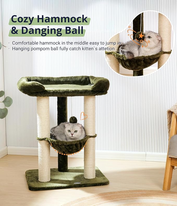 Cat Tree, Cat Scratching Posts with Large Bed for Big Cats | Green, Small Cat Tower, 28" Tall For Window Viewing, 23.6"x15.7" Large Cat Bed, Cat Hammock, Removable Cover, Solid Structure - Image 6
