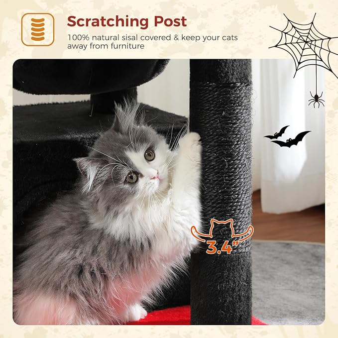 PEQULTI 4-in-1 Gothic Cat Tree for Kittens & Small Cats, 33in Black Tower | Compact 33in cat tower: deep hammock, cozy condo, top perch, sisal post; removable washable cover; wide base for small cats - Image 6